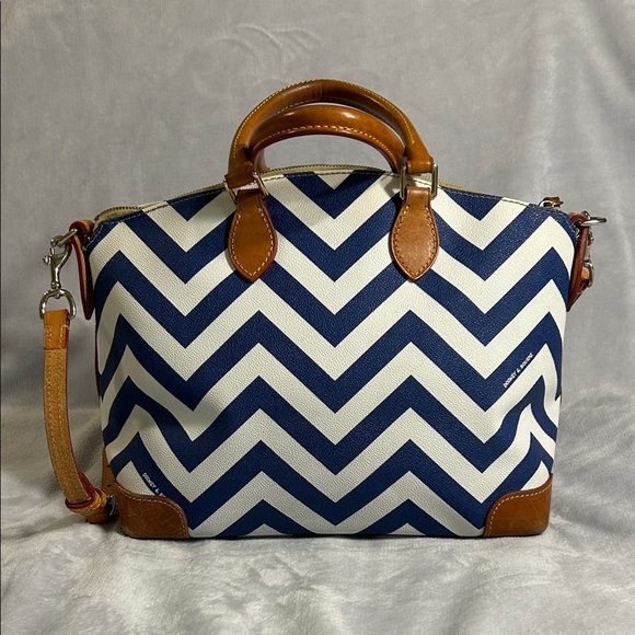 Dooney & Bourke Navy and Tan Chevron Satchel With Crossbody Strap - Picture 2 of 16